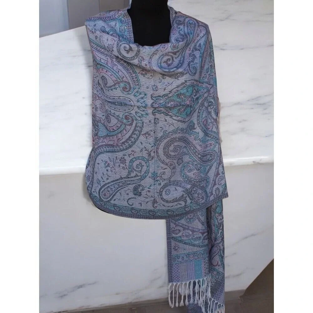 Pashmina Silk Turkish Shawl Blue Multicolor 60in x 25in‎